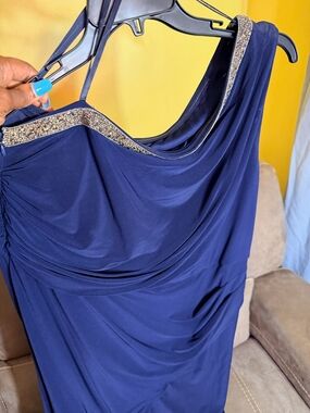 Adrianna Papell Navy One-Shoulder Gown with Gold Beaded Accent